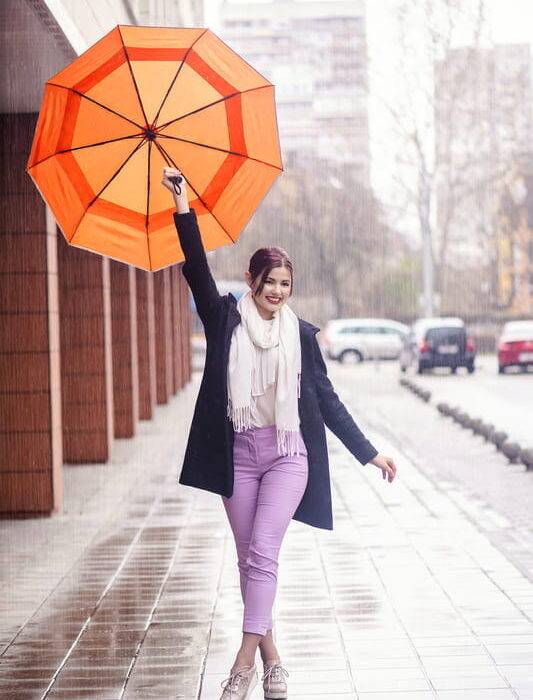 Strong Luxurious folding windproof umbrella for rain - fast drying fabric with real wood handle and vented double canopy orange 79
