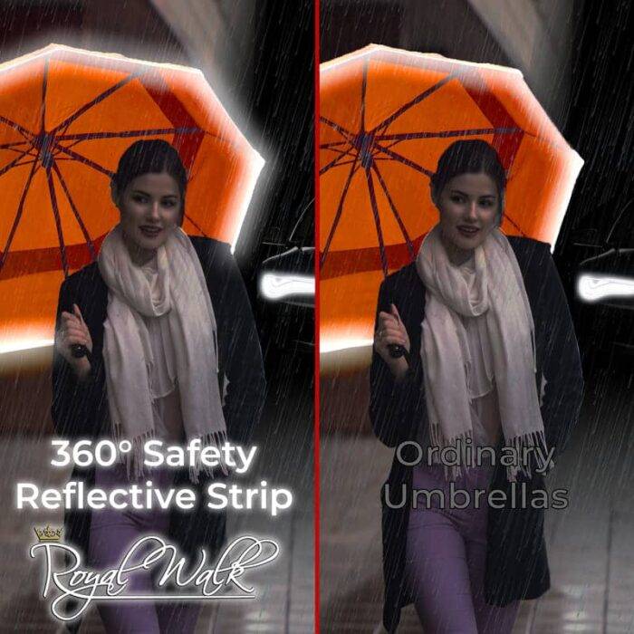 Luxurious folding windproof umbrella for rain - fast drying fabric with light reflective strip and vented double canopy orange 7