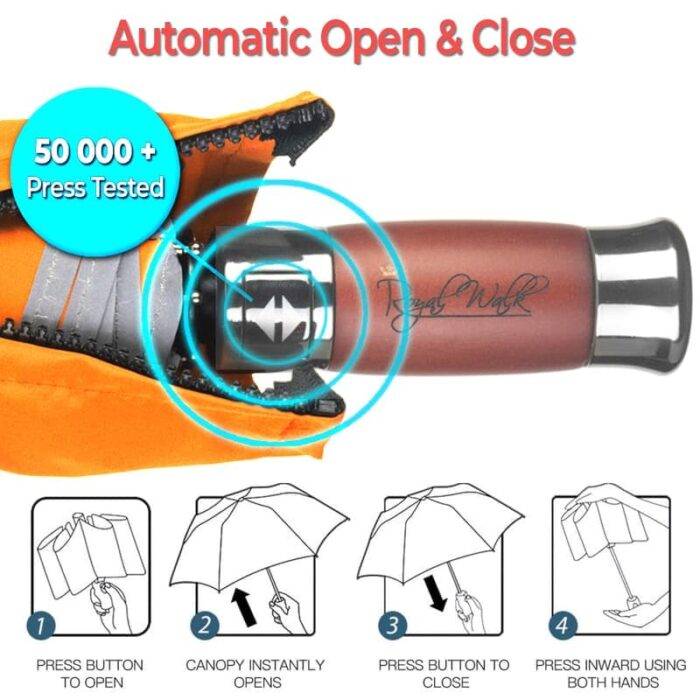 Luxurious travel compact folding windproof umbrella for rain with real wood handle automatic open and close orange 4
