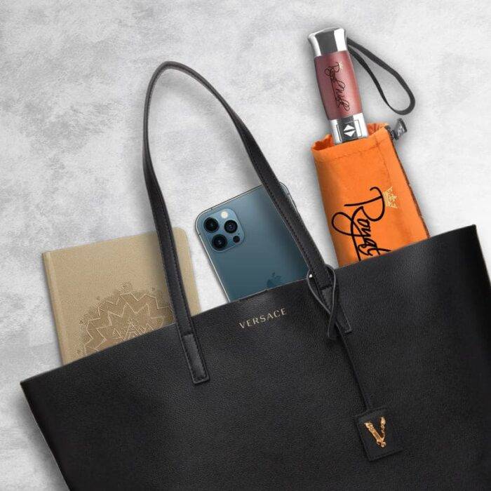 Luxurious travel compact folding windproof umbrella for rain with real wood handle and vented double canopy orange 5