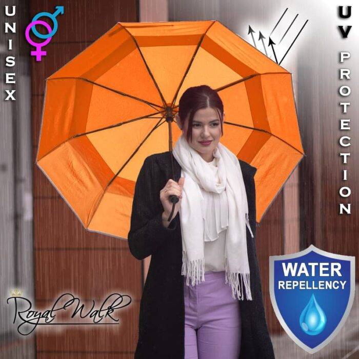 Luxurious folding windproof umbrella for rain - fast drying fabric with light reflective strip and vented double canopy orange 9