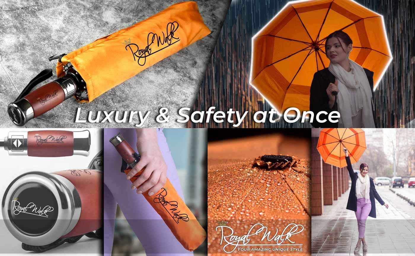 Luxurious folding windproof umbrella with vented double canopy and real wood handle