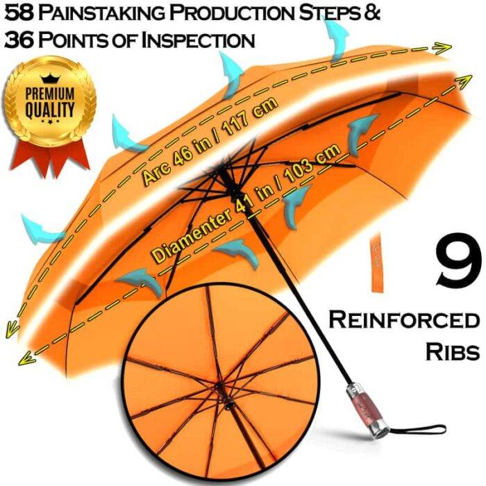 Luxurious compact folding windproof umbrella for rain - light reflective strip and vented double canopy orange 10