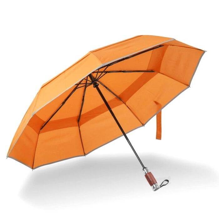 Luxurious compact folding windproof umbrella for rain - light reflective strip and vented double canopy orange 11