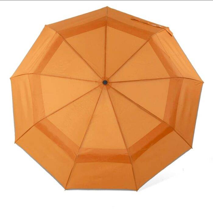 Luxurious compact folding windproof umbrella for rain - light reflective strip and vented double canopy orange 12