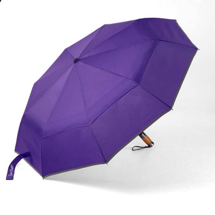 Luxurious compact folding windproof umbrella for rain - fast drying fabric with real wood handle and vented double canopy purple 4