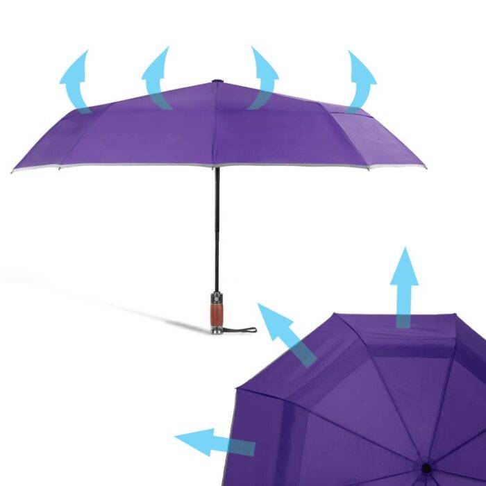 Luxurious compact folding windproof umbrella for rain - fast drying fabric with real wood handle and vented double canopy purple 5