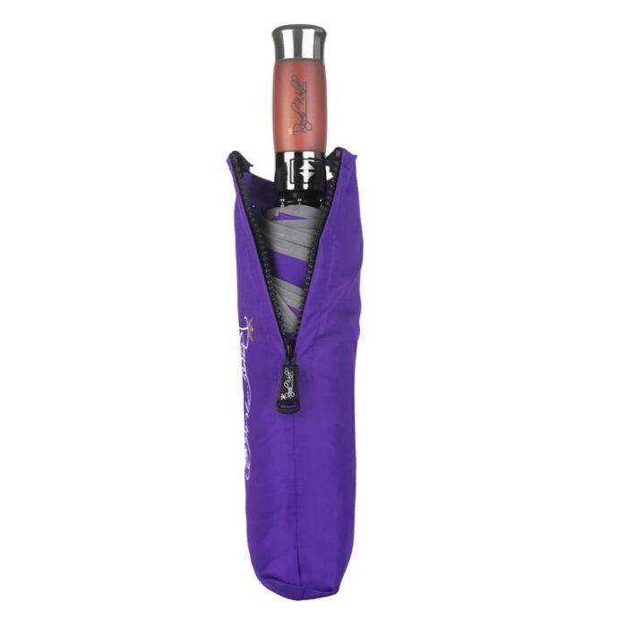 Luxurious compact folding windproof umbrella for rain - real wood handle and vented double canopy purple 5