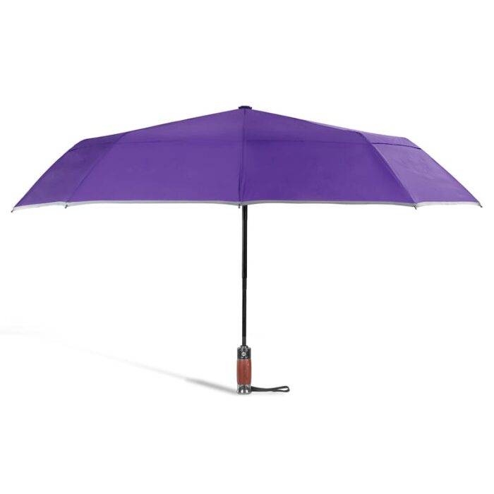 Luxurious compact folding windproof umbrella for rain - fast drying fabric with real wood handle and vented double canopy purple 7