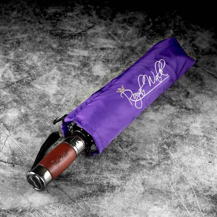 Luxurious compact folding windproof umbrella for rain - fast drying fabric with real wood handle and vented double canopy purple 9
