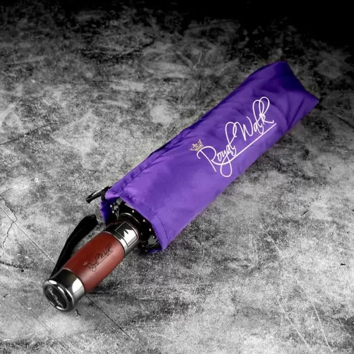 Luxurious compact folding windproof umbrella for rain - fast drying fabric with real wood handle and vented double canopy purple 9