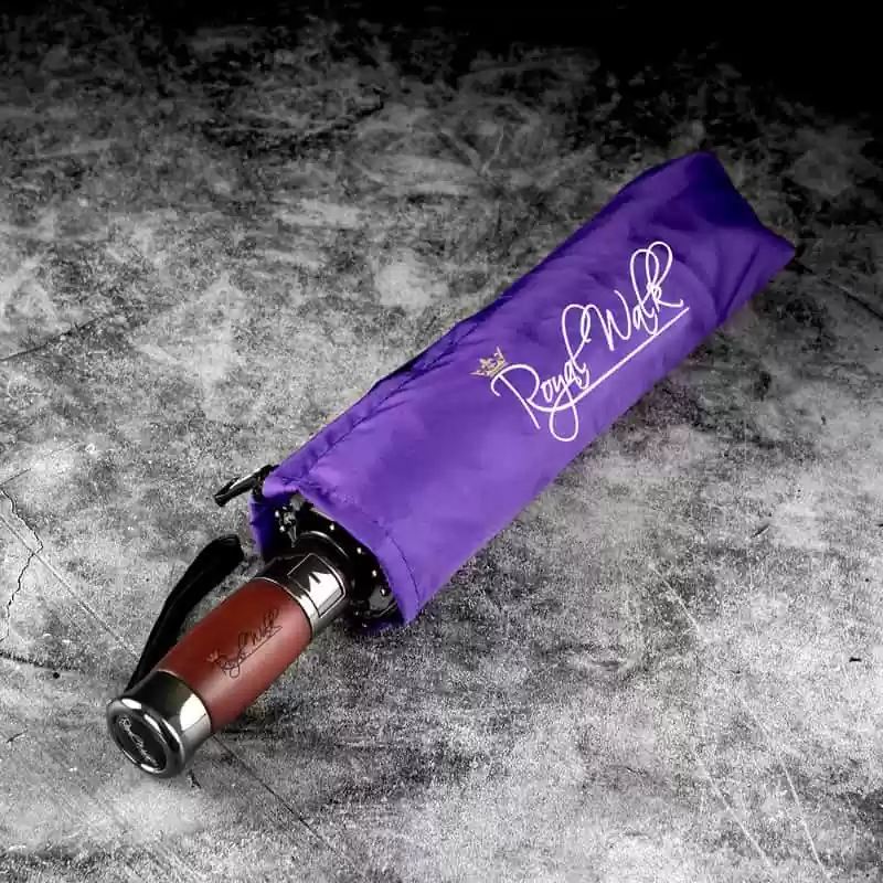 Luxurious compact folding windproof umbrella for rain - fast drying fabric with real wood handle and vented double canopy purple 9