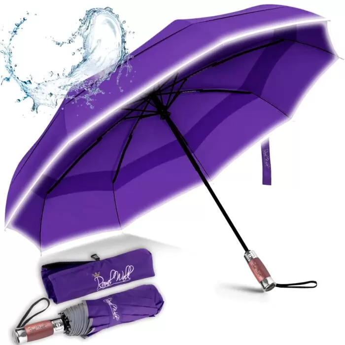 Luxurious compact windproof umbrella for rain - fast drying fabric with real wood handle and purple 15