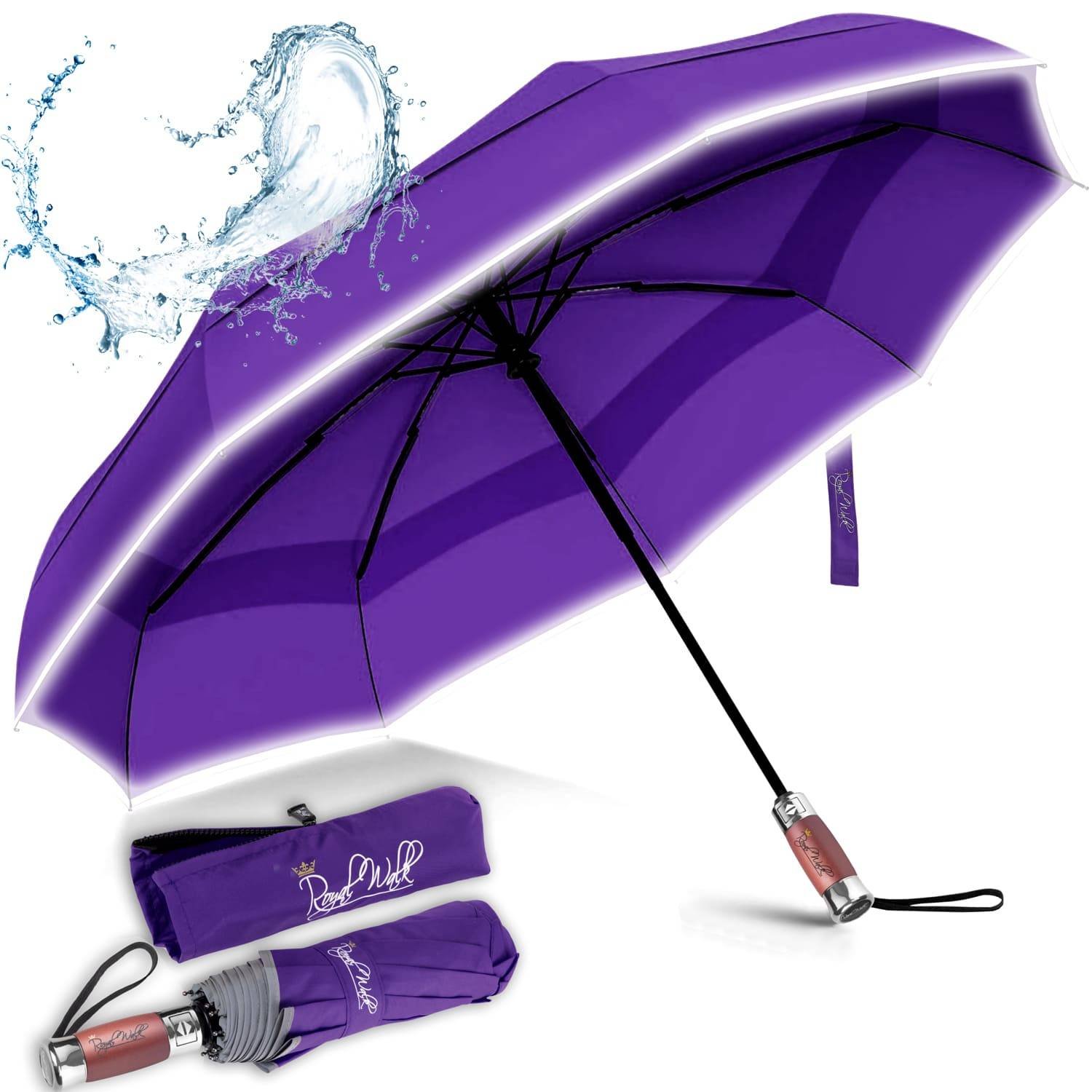 folding windproof umbrella for rain compact vented double canopy wood handle automatic open close 41 inch 103 cm purple 1500