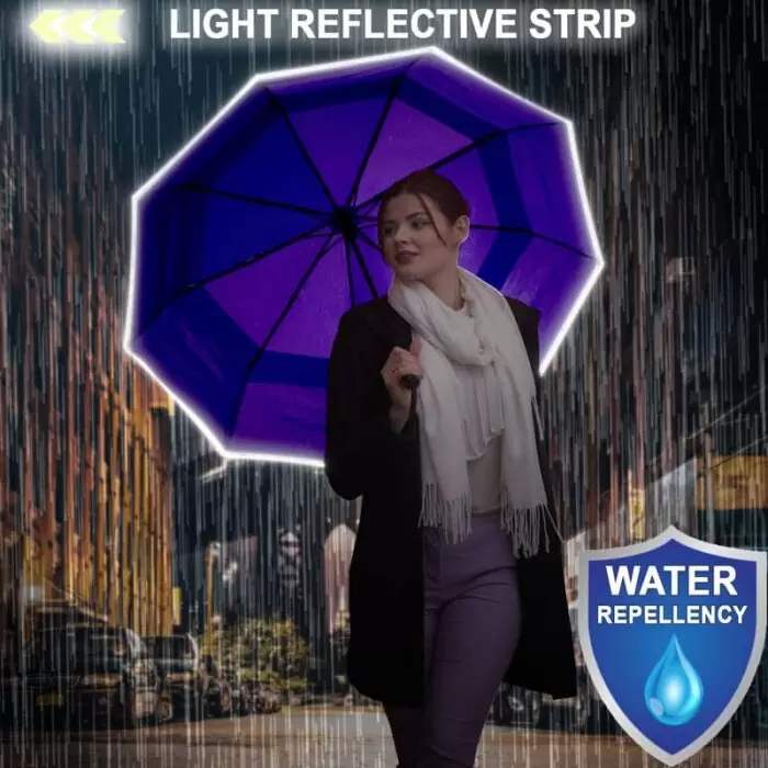 Luxurious compact folding windproof umbrella for rain - fast drying fabric with real wood handle and vented double canopy purple 11