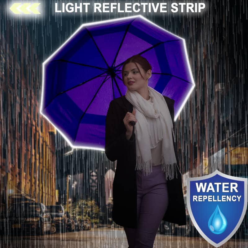Large folding umbrella for rain compact with light reflective strip - purple
