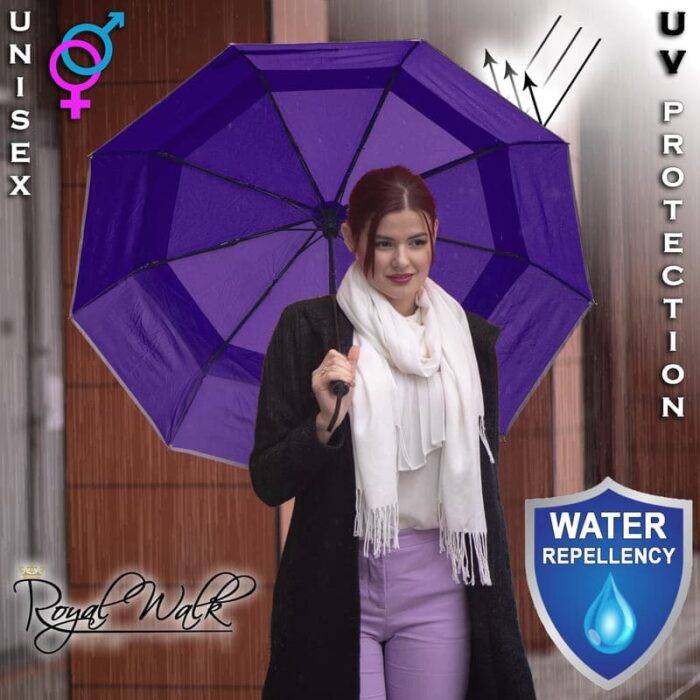 Luxurious folding compact windproof umbrella for rain - fast drying fabric with real wood handle purple 1