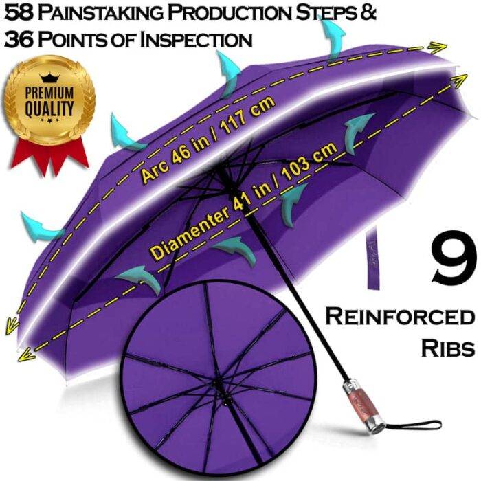 Luxurious folding windproof umbrella for rain - fast drying fabric with real wood handle and vented canopy purple 2