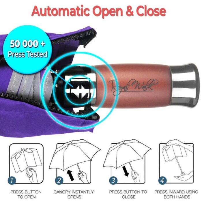 Luxurious compact windproof umbrella for rain - fast drying fabric with real wood handle and vented canopy purple 2
