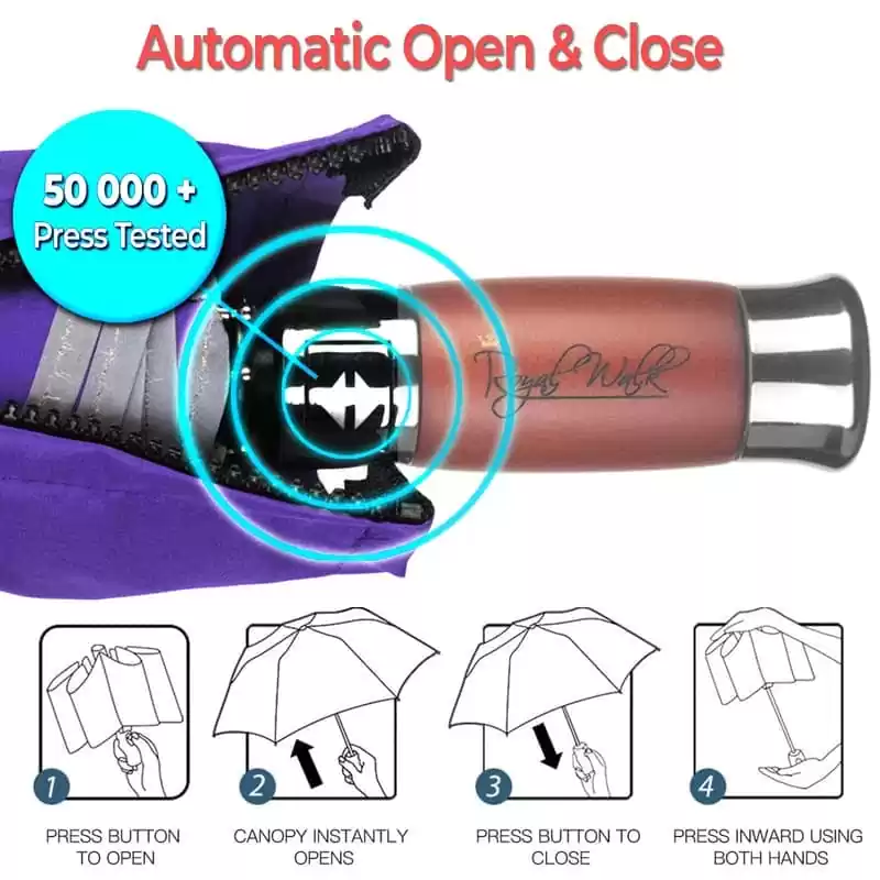 Luxurious compact windproof umbrella for rain - fast drying fabric with real wood handle and vented canopy purple 2