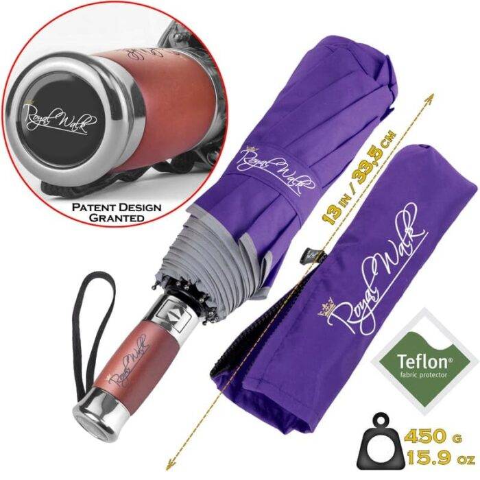 Luxurious compact windproof umbrella for rain - fast drying fabric with real wood handle and vented canopy purple 3