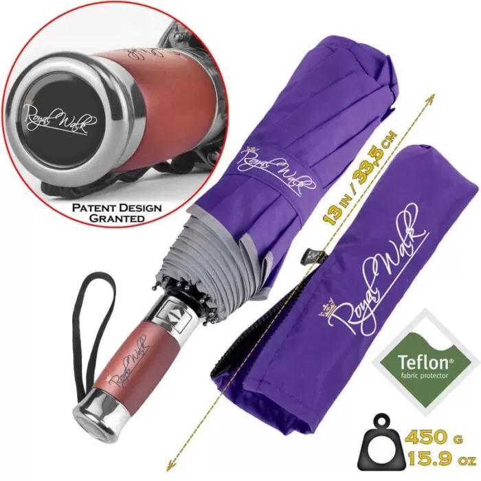 Luxurious compact windproof umbrella for rain - fast drying fabric with real wood handle and vented canopy purple 3