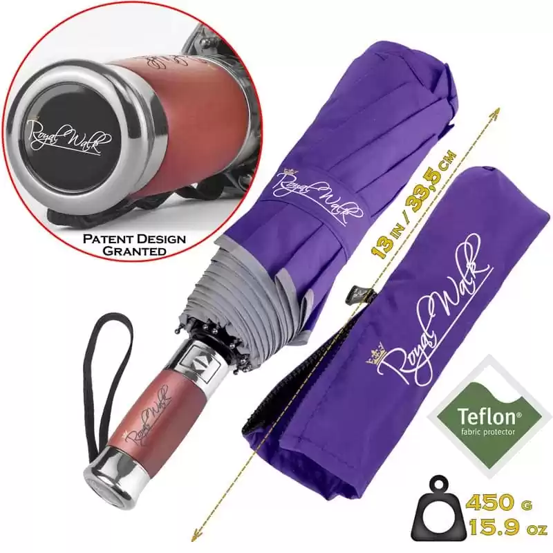 Luxurious compact windproof umbrella for rain - fast drying fabric with real wood handle and vented canopy purple 3