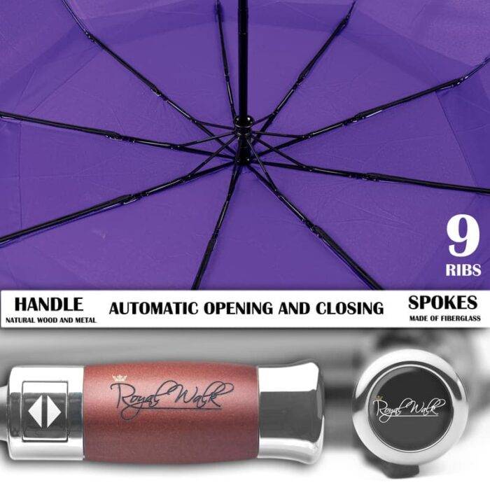 Luxurious compact windproof umbrella for rain - fast drying fabric with real wood handle and purple 5