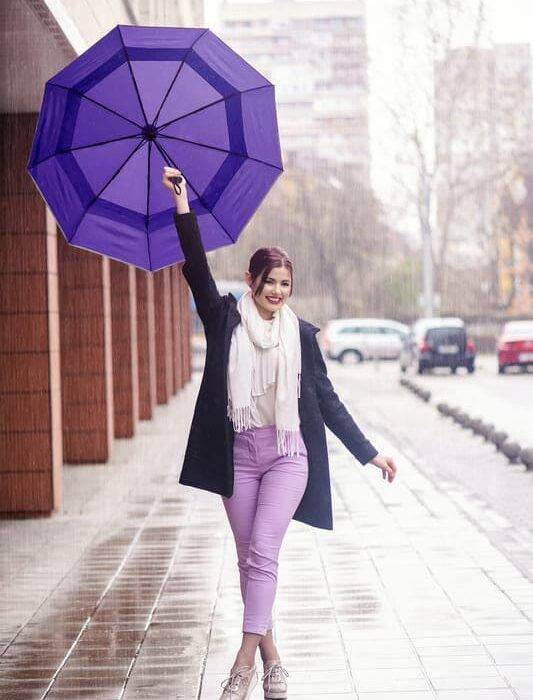 Luxurious folding windproof umbrella for rain - fast drying fabric with real wood handle and vented double canopy purple 1