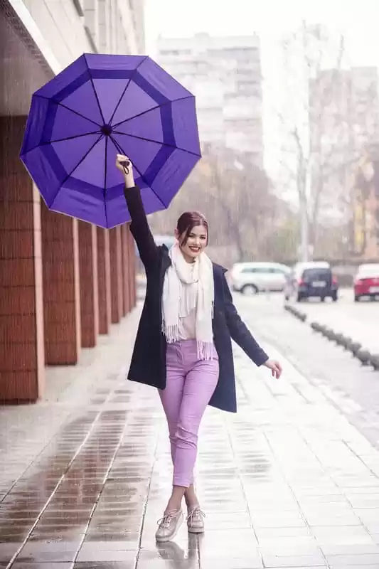Luxurious folding windproof umbrella for rain - fast drying fabric with real wood handle and vented double canopy purple 1