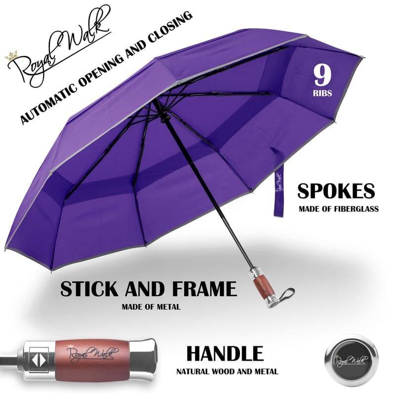Folding windproof double canopy umbrella for rain - with real wood handle purple