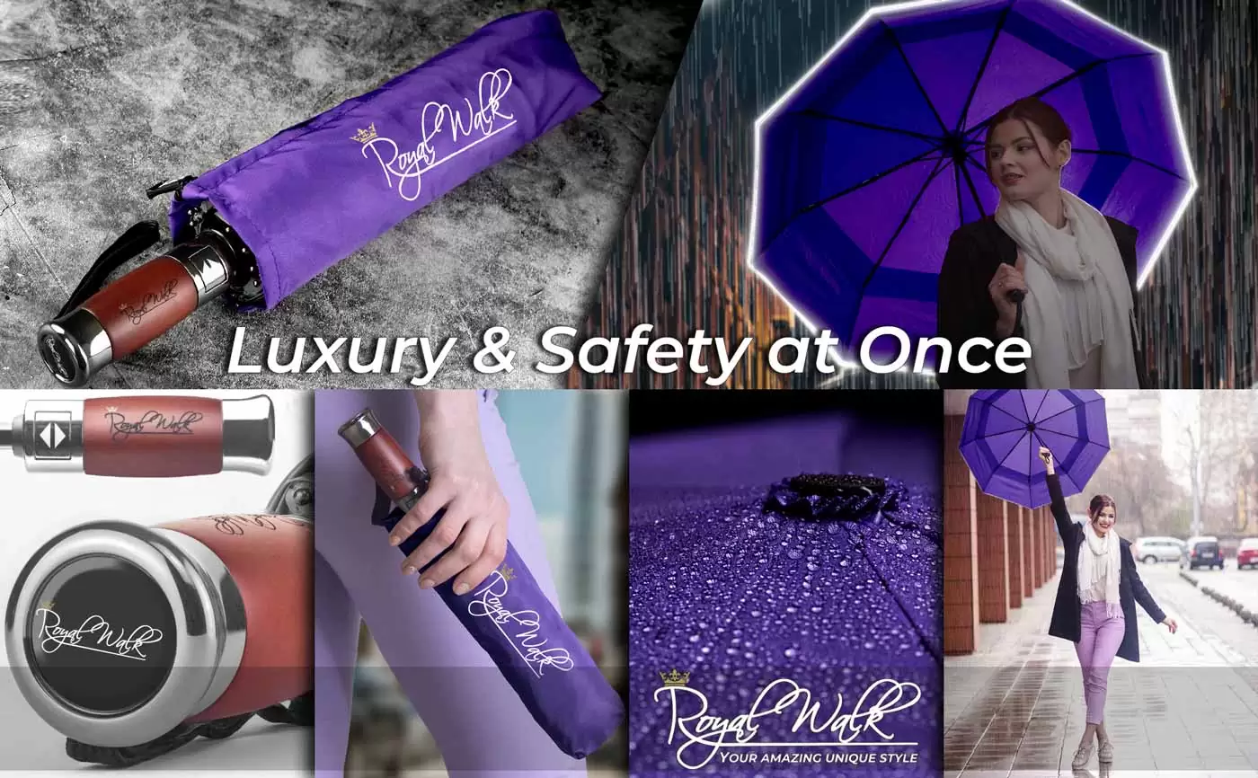 Luxurious folding windproof umbrella with vented double canopy and real wood handle