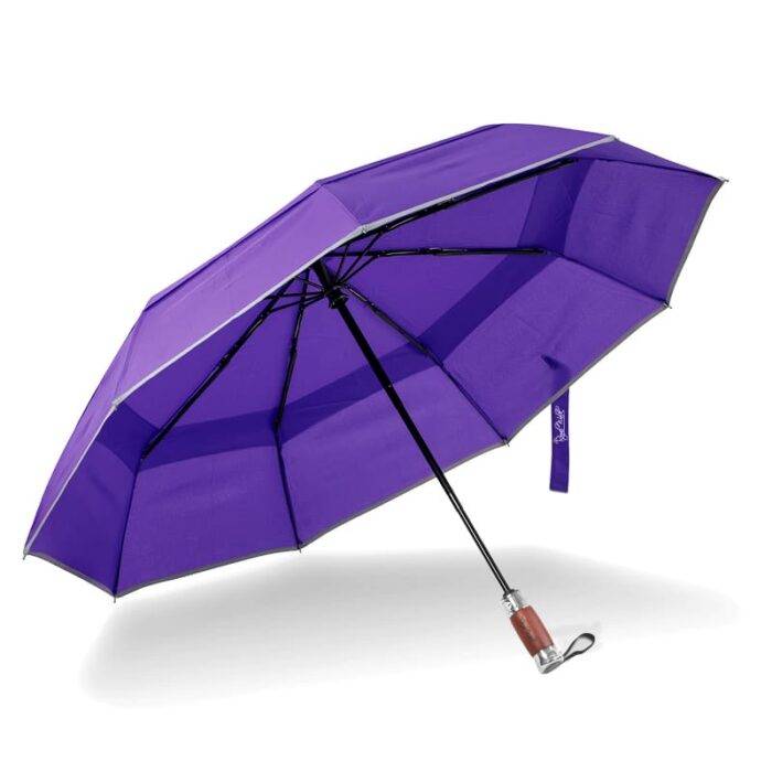 Luxurious compact folding windproof umbrella for rain - fast drying fabric with real wood handle and vented double canopy purple 2