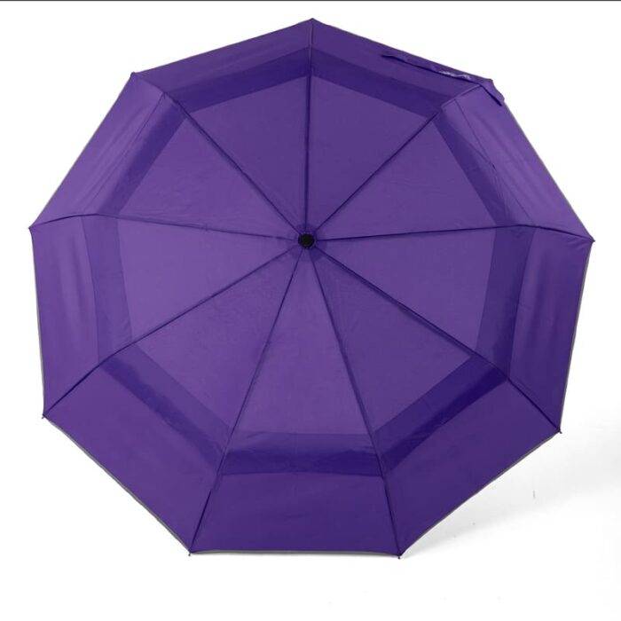 Luxurious compact folding windproof umbrella for rain - fast drying fabric with real wood handle and vented double canopy purple 3