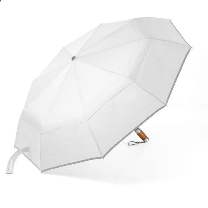 Luxurious folding windproof umbrella for rain - fast drying fabric with real wood handle and vented double canopy white 6