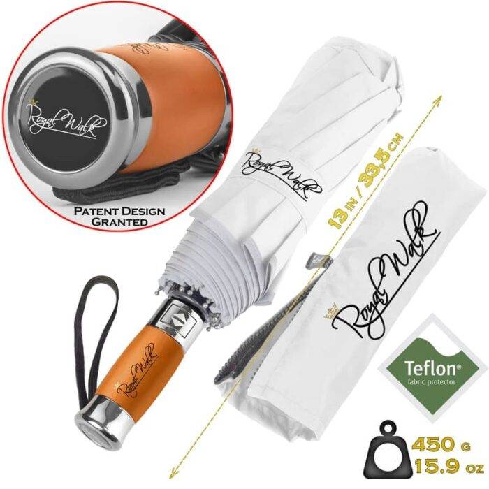 Luxurious compact folding windproof umbrella for rain - fast drying fabric with real wood handle white 13