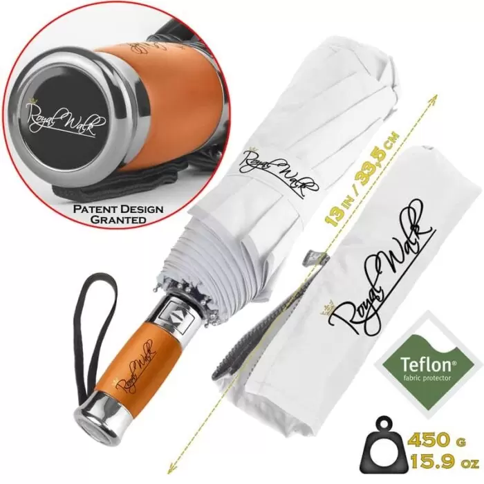 Luxurious compact folding windproof umbrella for rain - fast drying fabric with real wood handle white 13