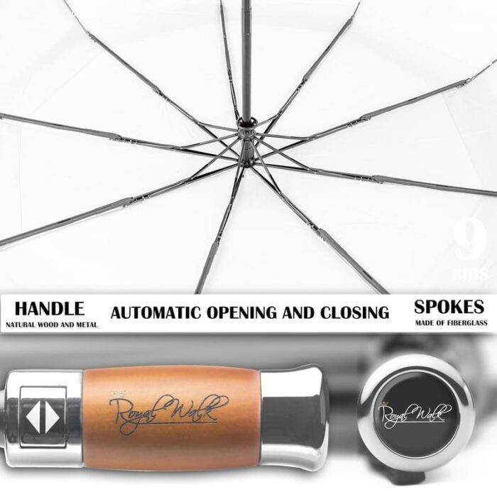 Luxurious folding windproof umbrella for rain - fast drying fabric with real wood handle and vented double canopy white 5