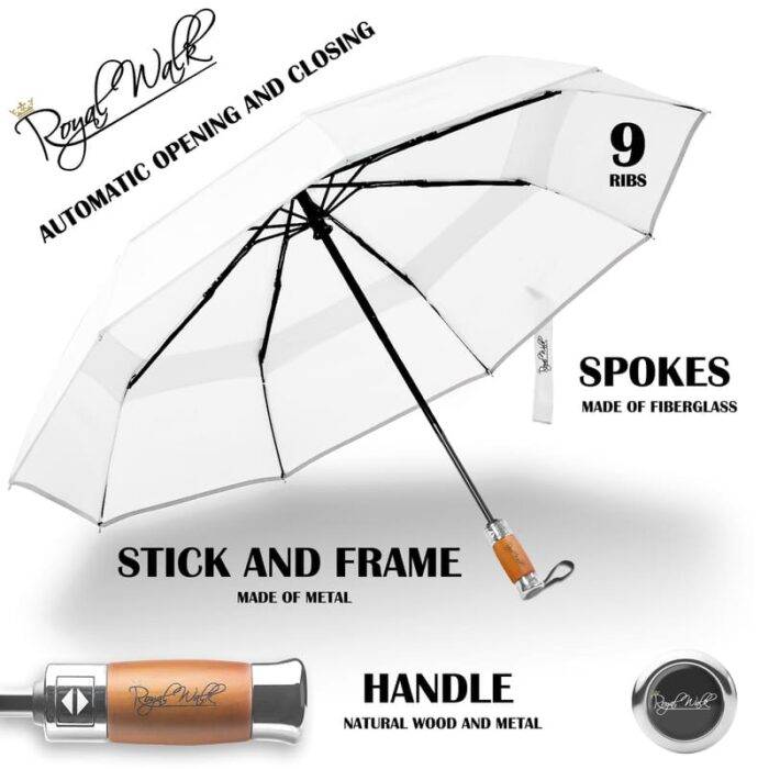 Luxurious folding windproof umbrella for rain - fast drying fabric with real wood handle and vented double canopy white 3