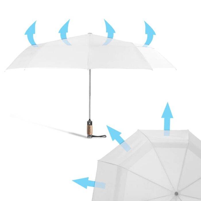 Luxurious folding windproof umbrella for rain - fast drying fabric with real wood handle and vented double canopy white 4