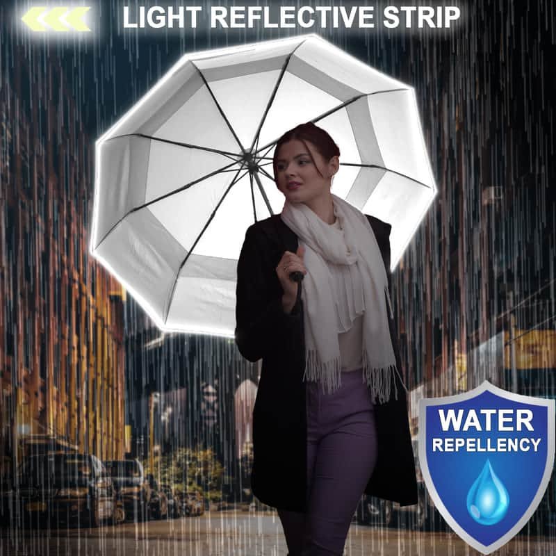 Large folding umbrella for rain compact with light reflective strip - white