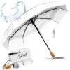 Luxurious folding windproof umbrella for rain - fast drying fabric with real wood handle and vented double canopy white