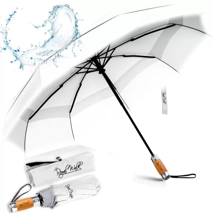 Luxurious folding windproof umbrella for rain - fast drying fabric with real wood handle and vented double canopy white