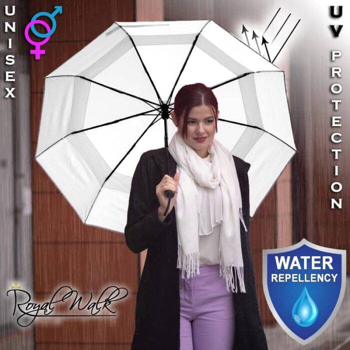 Luxurious folding windproof umbrella for rain - fast drying fabric with real wood handle and vented double canopy white 2