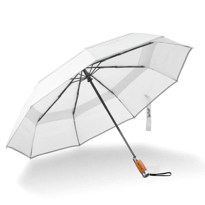 Luxurious folding windproof umbrella for rain - fast drying fabric and vented double canopy white 31