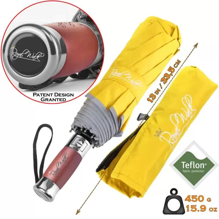 Luxurious folding windproof umbrella for rain - fast drying fabric with real wood handle and vented double canopy yellow 4 3