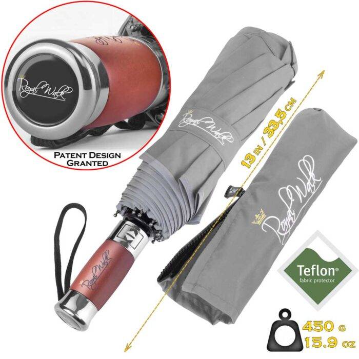 Luxurious folding windproof umbrella for rain - fast drying fabric with real wood handle and vented double canopy grey 4 3