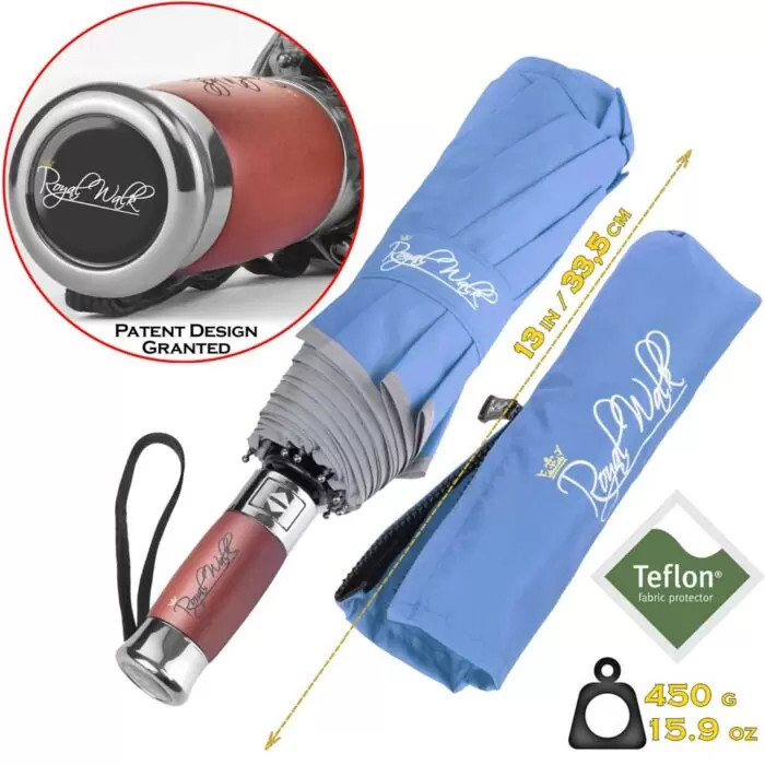Luxurious folding windproof umbrella for rain - fast drying fabric with real wood handle and vented double canopy slate blue 4 3