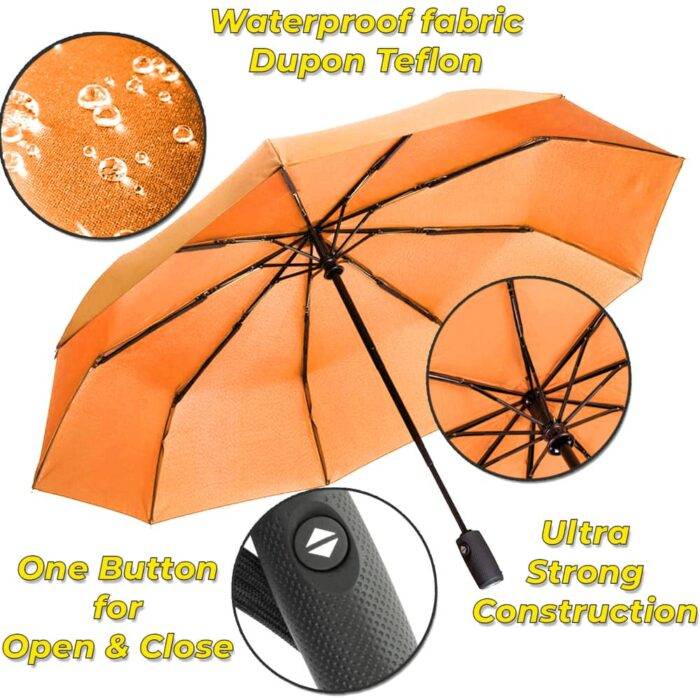 Compact Folding Umbrella for Rain Automatic Open & Close, Compact Design for Travel and Fast Drying Fabric 40 inch (102 cm) diameter - Orange 22 Compact Folding Umbrella for Rain Windproof Automatic Open Close (102 cm) diameter - Orange 23
