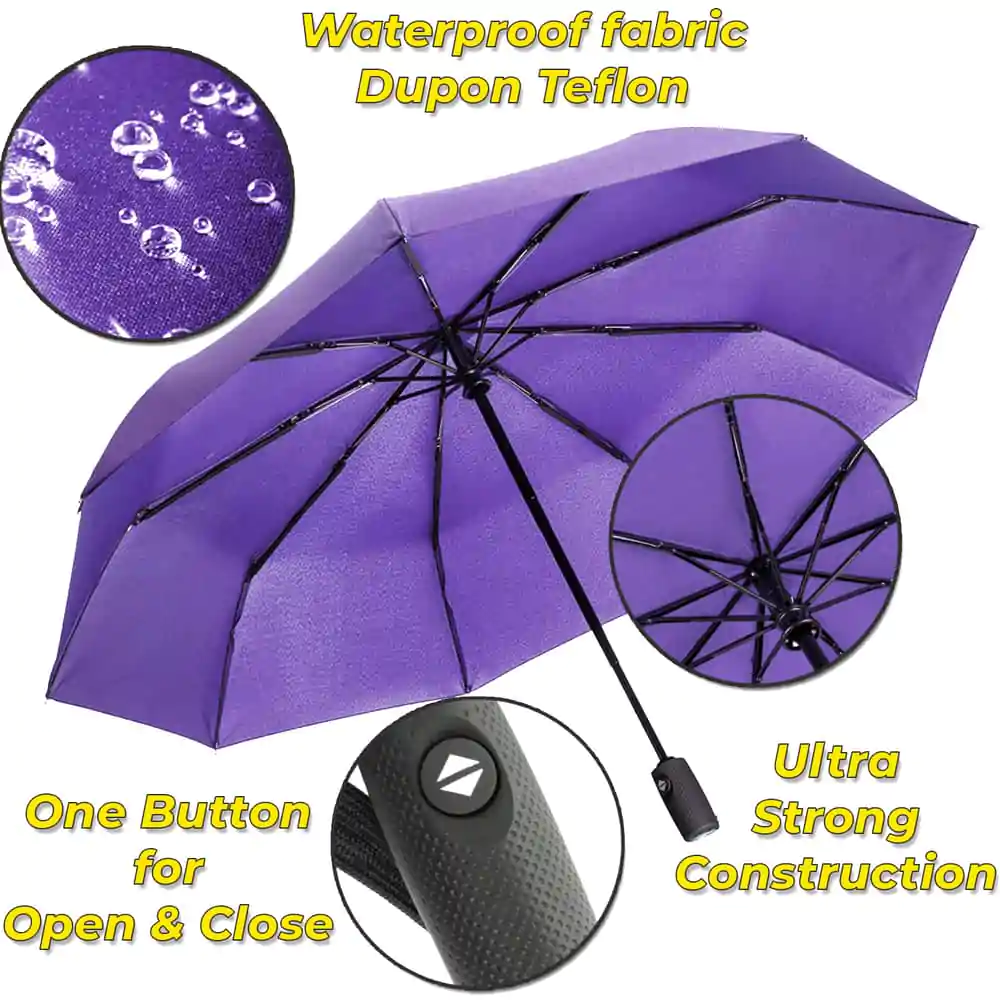Umbrelă pliabilă compactă pentru ploaie, rezistentă la vânt, cu deschidere și închidere automată (102 cm) diametru - Purple 13